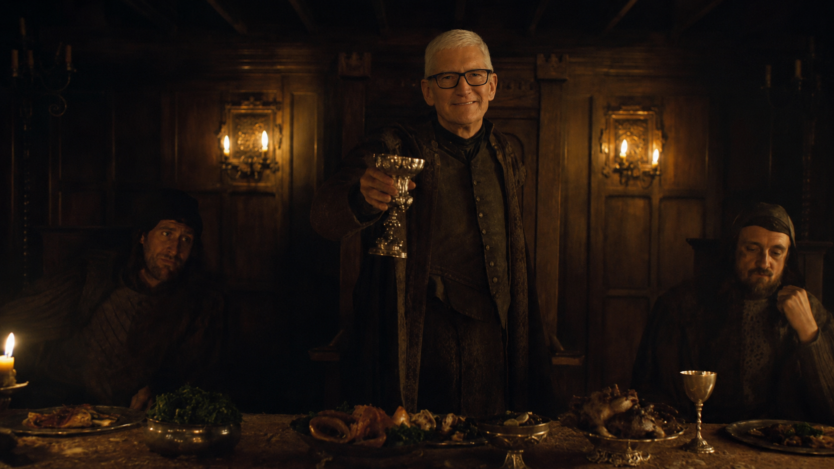 A Red Wedding banquet scene with Tim Cook raising a goblet